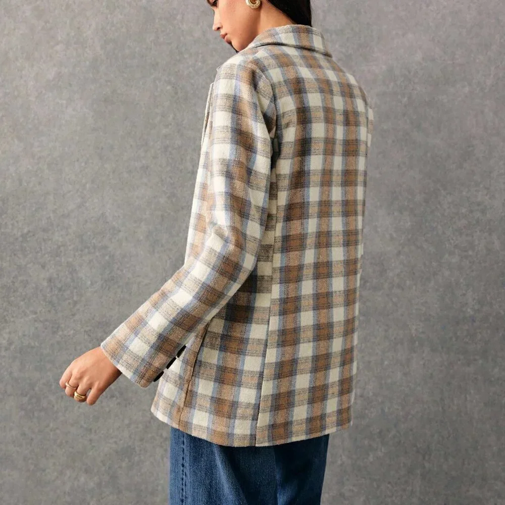 Multicolor Casual Women's Plaid Print Double-Breasted Long Sleeve Blazer Jacket